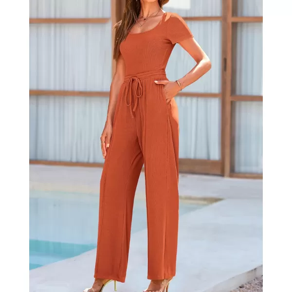 BTFBM Womens Casual 2 Pieces Outfits Square Neck Short Sleeve Shapewear Bodysuit Drawstring Pants Knit Matching SetsSolid Orange