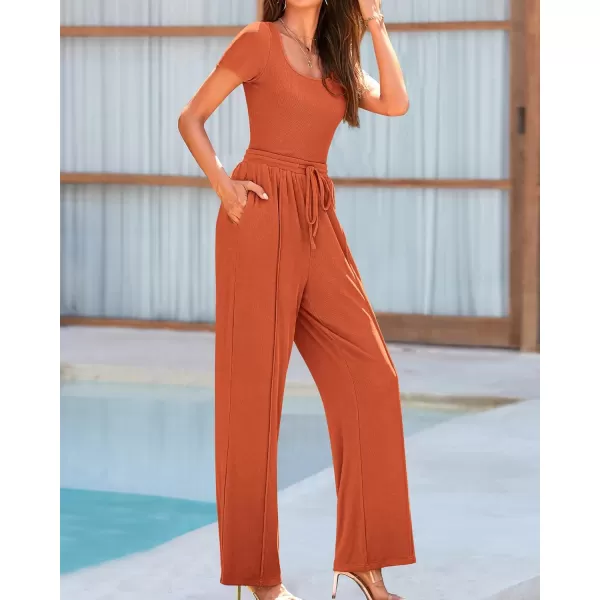 BTFBM Womens Casual 2 Pieces Outfits Square Neck Short Sleeve Shapewear Bodysuit Drawstring Pants Knit Matching SetsSolid Orange