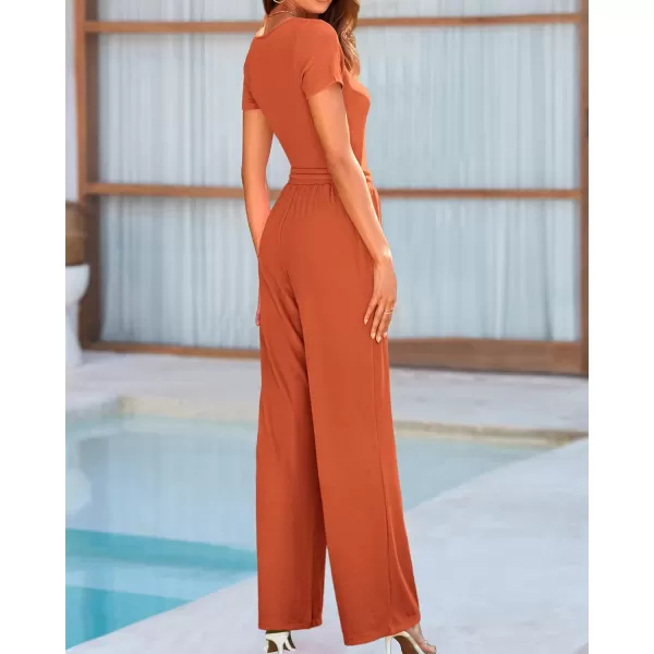 BTFBM Womens Casual 2 Pieces Outfits Square Neck Short Sleeve Shapewear Bodysuit Drawstring Pants Knit Matching SetsSolid Orange