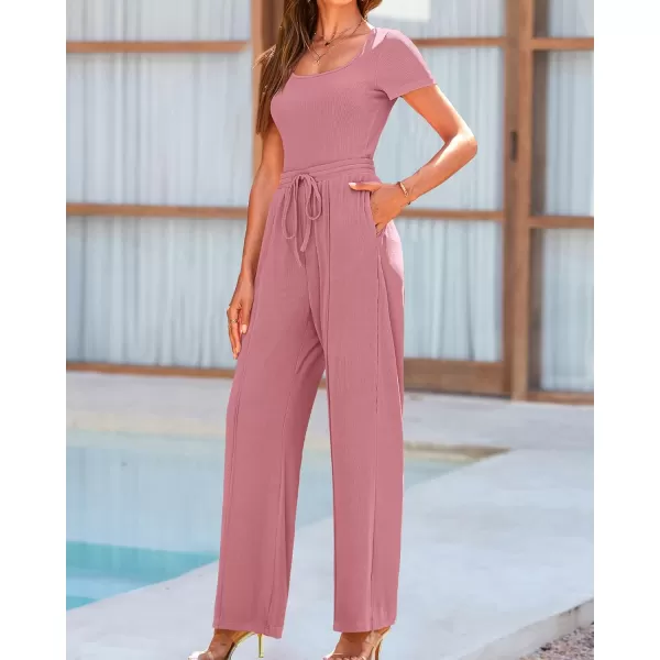 BTFBM Womens Casual 2 Pieces Outfits Square Neck Short Sleeve Shapewear Bodysuit Drawstring Pants Knit Matching SetsSolid Pink