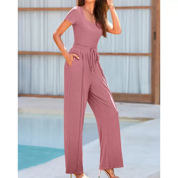 BTFBM Womens Casual 2 Pieces Outfits Square Neck Short Sleeve Shapewear Bodysuit Drawstring Pants Knit Matching SetsSolid Pink