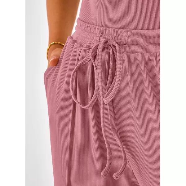 BTFBM Womens Casual 2 Pieces Outfits Square Neck Short Sleeve Shapewear Bodysuit Drawstring Pants Knit Matching SetsSolid Pink