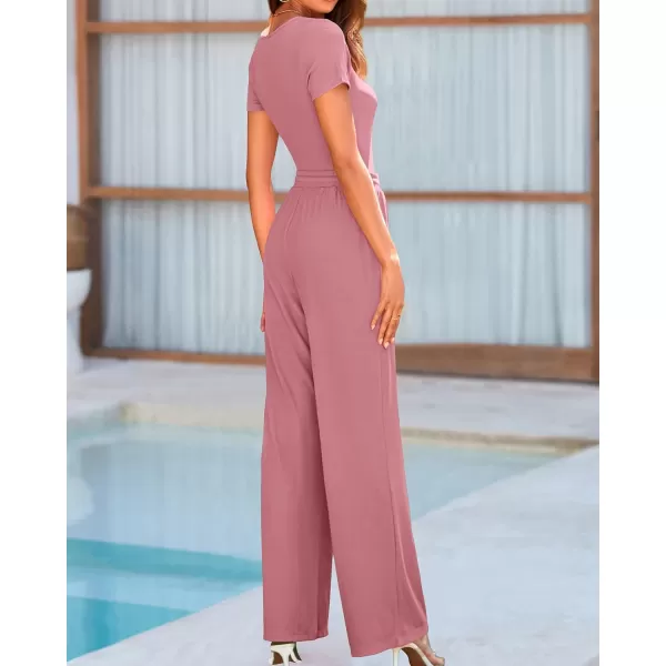 BTFBM Womens Casual 2 Pieces Outfits Square Neck Short Sleeve Shapewear Bodysuit Drawstring Pants Knit Matching SetsSolid Pink