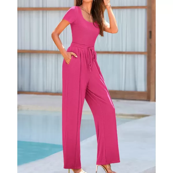 BTFBM Womens Casual 2 Pieces Outfits Square Neck Short Sleeve Shapewear Bodysuit Drawstring Pants Knit Matching SetsSolid Rose Red