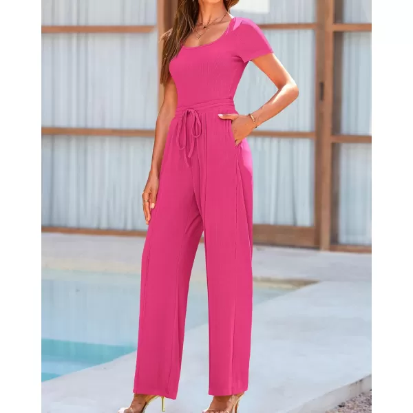 BTFBM Womens Casual 2 Pieces Outfits Square Neck Short Sleeve Shapewear Bodysuit Drawstring Pants Knit Matching SetsSolid Rose Red