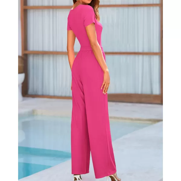 BTFBM Womens Casual 2 Pieces Outfits Square Neck Short Sleeve Shapewear Bodysuit Drawstring Pants Knit Matching SetsSolid Rose Red
