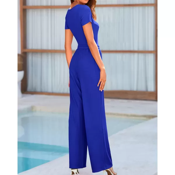 BTFBM Womens Casual 2 Pieces Outfits Square Neck Short Sleeve Shapewear Bodysuit Drawstring Pants Knit Matching SetsSolid Royal Blue