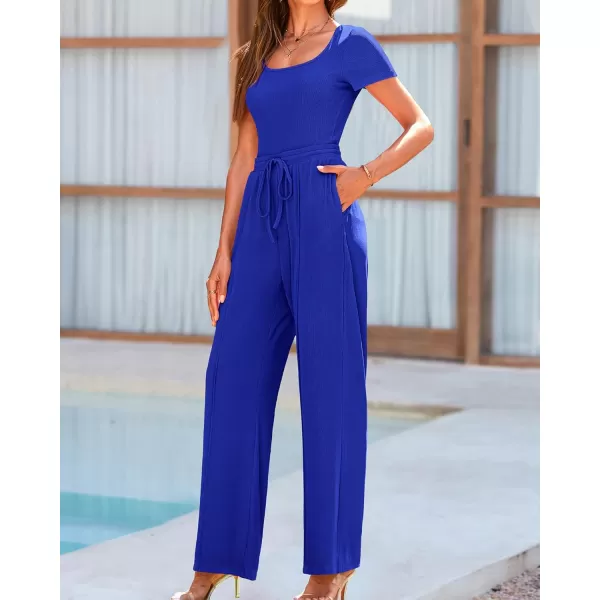 BTFBM Womens Casual 2 Pieces Outfits Square Neck Short Sleeve Shapewear Bodysuit Drawstring Pants Knit Matching SetsSolid Royal Blue