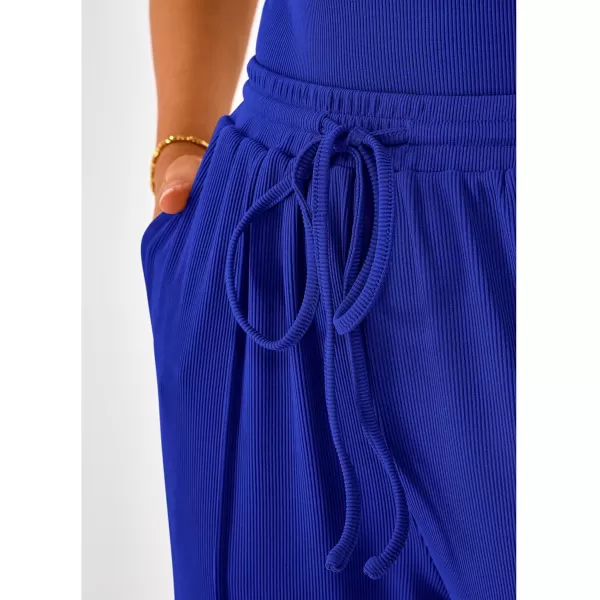 BTFBM Womens Casual 2 Pieces Outfits Square Neck Short Sleeve Shapewear Bodysuit Drawstring Pants Knit Matching SetsSolid Royal Blue