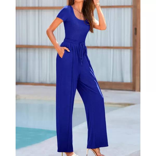 BTFBM Womens Casual 2 Pieces Outfits Square Neck Short Sleeve Shapewear Bodysuit Drawstring Pants Knit Matching SetsSolid Royal Blue