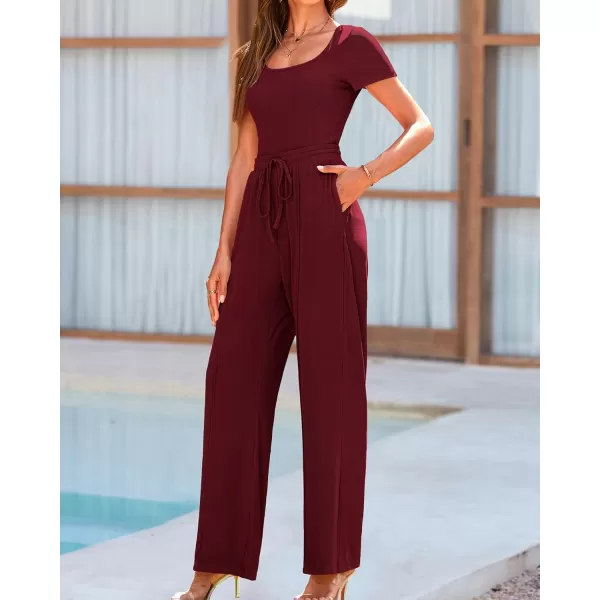 BTFBM Womens Casual 2 Pieces Outfits Square Neck Short Sleeve Shapewear Bodysuit Drawstring Pants Knit Matching SetsSolid Wine Red