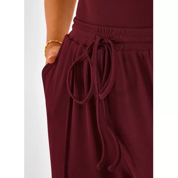 BTFBM Womens Casual 2 Pieces Outfits Square Neck Short Sleeve Shapewear Bodysuit Drawstring Pants Knit Matching SetsSolid Wine Red