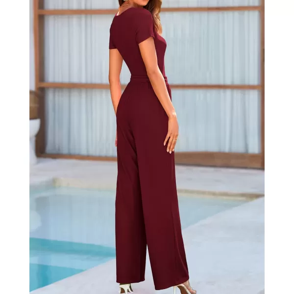 BTFBM Womens Casual 2 Pieces Outfits Square Neck Short Sleeve Shapewear Bodysuit Drawstring Pants Knit Matching SetsSolid Wine Red