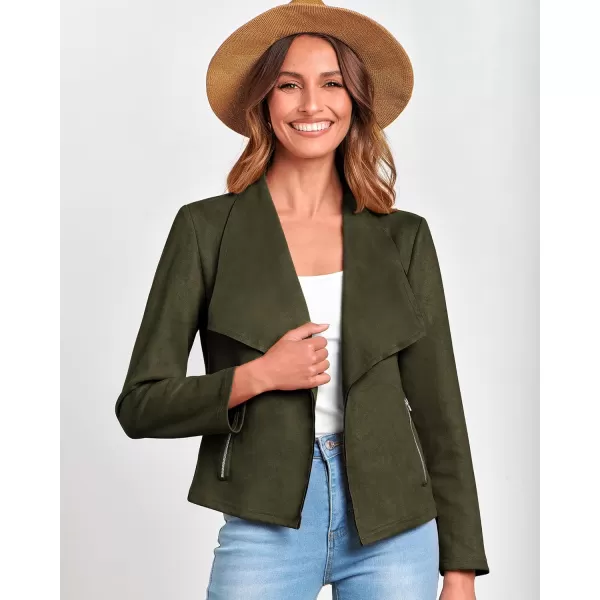 BTFBM Womens Fashion Faux Suede Jackets 2024 Spring Summer Clothes Lapel Long Sleeve Open Front Outerwear Cropped CoatsSolid Army Green