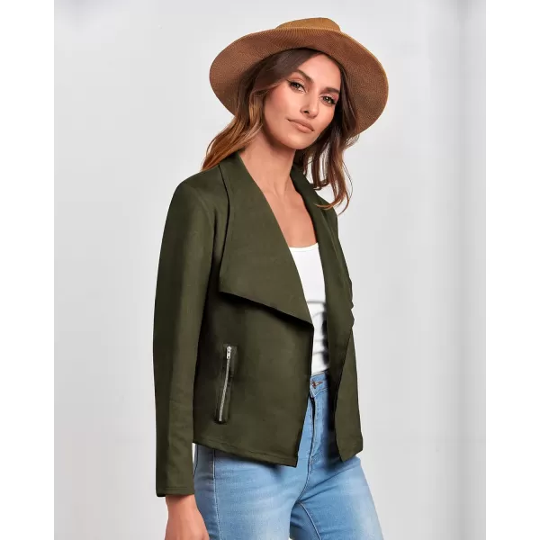BTFBM Womens Fashion Faux Suede Jackets 2024 Spring Summer Clothes Lapel Long Sleeve Open Front Outerwear Cropped CoatsSolid Army Green