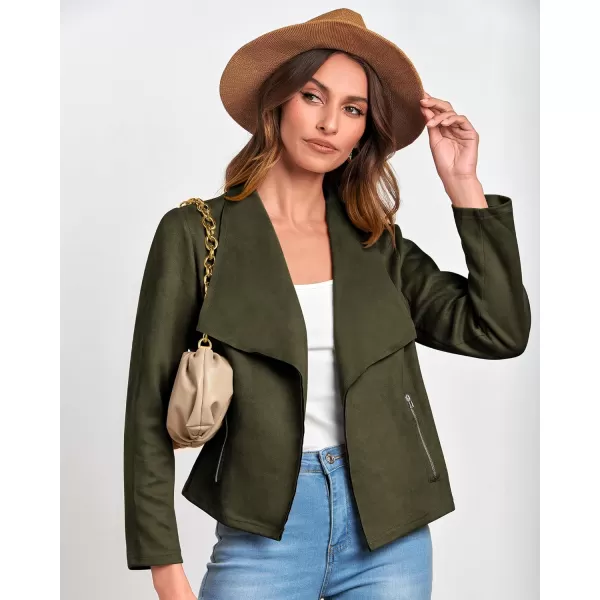 BTFBM Womens Fashion Faux Suede Jackets 2024 Spring Summer Clothes Lapel Long Sleeve Open Front Outerwear Cropped CoatsSolid Army Green