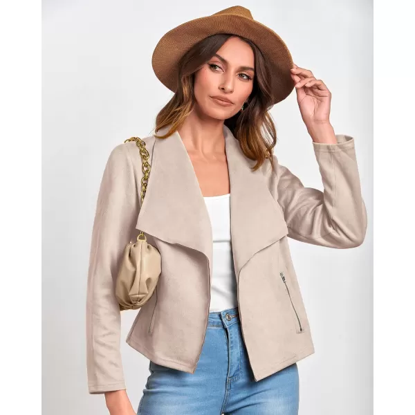 BTFBM Womens Fashion Faux Suede Jackets 2024 Spring Summer Clothes Lapel Long Sleeve Open Front Outerwear Cropped CoatsSolid Beige Apricot