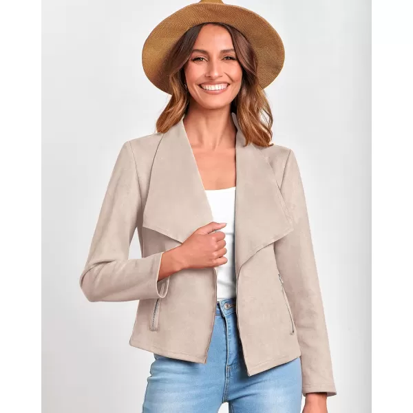 BTFBM Womens Fashion Faux Suede Jackets 2024 Spring Summer Clothes Lapel Long Sleeve Open Front Outerwear Cropped CoatsSolid Beige Apricot