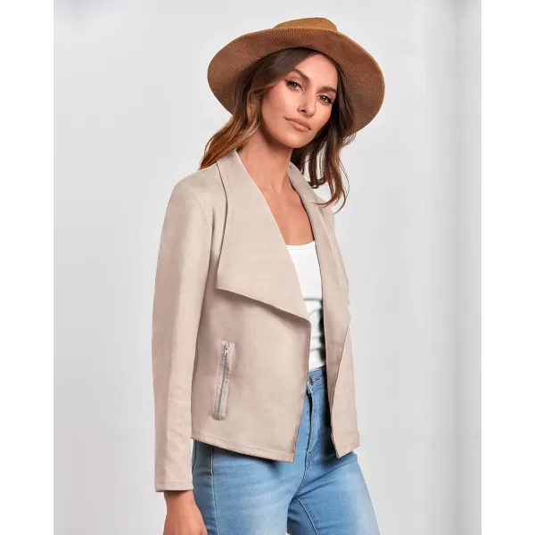 BTFBM Womens Fashion Faux Suede Jackets 2024 Spring Summer Clothes Lapel Long Sleeve Open Front Outerwear Cropped CoatsSolid Beige Apricot
