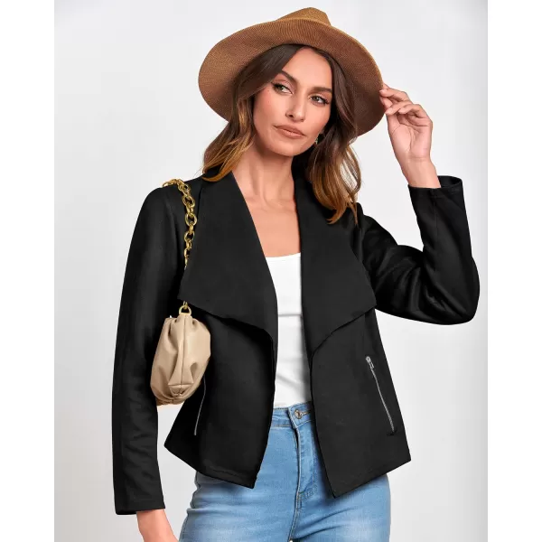 BTFBM Womens Fashion Faux Suede Jackets 2024 Spring Summer Clothes Lapel Long Sleeve Open Front Outerwear Cropped CoatsSolid Black