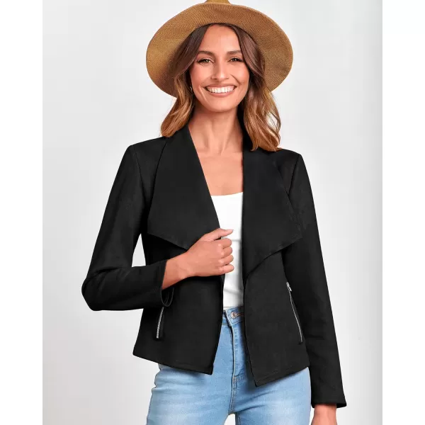 BTFBM Womens Fashion Faux Suede Jackets 2024 Spring Summer Clothes Lapel Long Sleeve Open Front Outerwear Cropped CoatsSolid Black