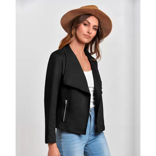 BTFBM Womens Fashion Faux Suede Jackets 2024 Spring Summer Clothes Lapel Long Sleeve Open Front Outerwear Cropped CoatsSolid Black