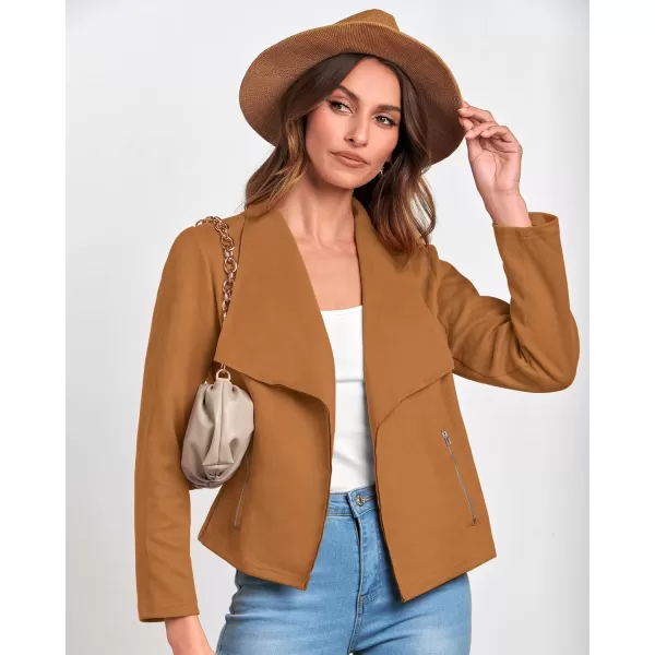 BTFBM Womens Fashion Faux Suede Jackets 2024 Spring Summer Clothes Lapel Long Sleeve Open Front Outerwear Cropped CoatsSolid Brown