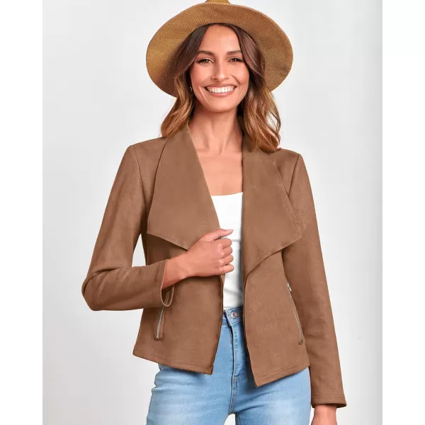 BTFBM Womens Fashion Faux Suede Jackets 2024 Spring Summer Clothes Lapel Long Sleeve Open Front Outerwear Cropped CoatsSolid Camel