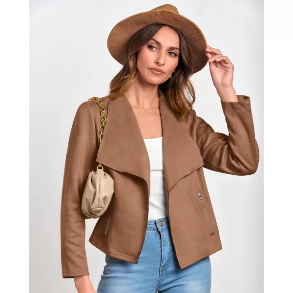BTFBM Womens Fashion Faux Suede Jackets 2024 Spring Summer Clothes Lapel Long Sleeve Open Front Outerwear Cropped CoatsSolid Camel