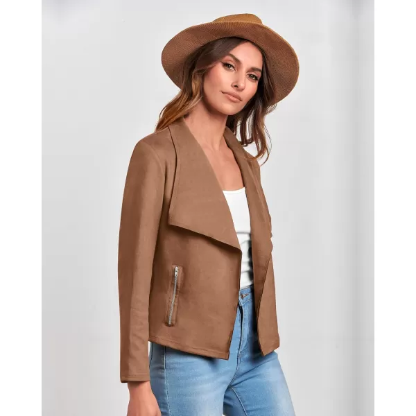 BTFBM Womens Fashion Faux Suede Jackets 2024 Spring Summer Clothes Lapel Long Sleeve Open Front Outerwear Cropped CoatsSolid Camel