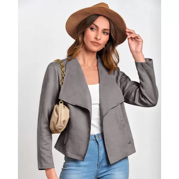 BTFBM Womens Fashion Faux Suede Jackets 2024 Spring Summer Clothes Lapel Long Sleeve Open Front Outerwear Cropped CoatsSolid Grey