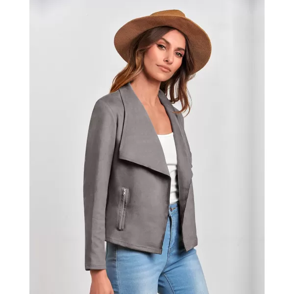 BTFBM Womens Fashion Faux Suede Jackets 2024 Spring Summer Clothes Lapel Long Sleeve Open Front Outerwear Cropped CoatsSolid Grey