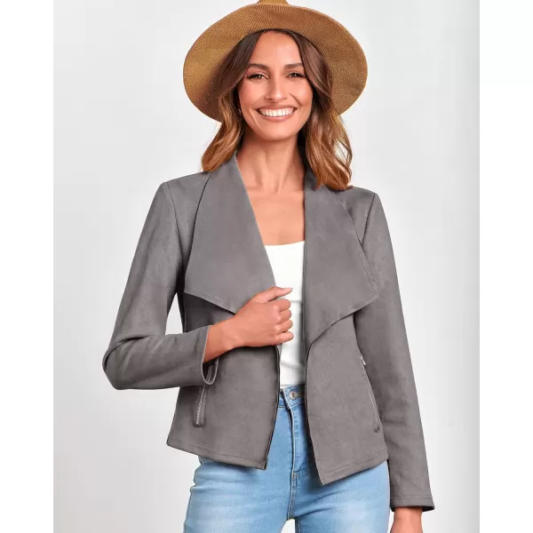 BTFBM Womens Fashion Faux Suede Jackets 2024 Spring Summer Clothes Lapel Long Sleeve Open Front Outerwear Cropped CoatsSolid Grey