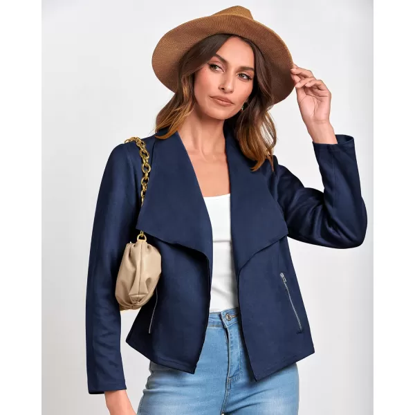 BTFBM Womens Fashion Faux Suede Jackets 2024 Spring Summer Clothes Lapel Long Sleeve Open Front Outerwear Cropped CoatsSolid Navy