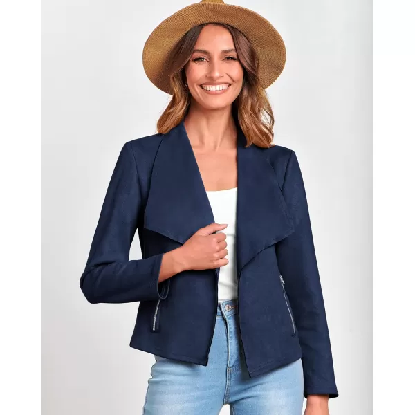BTFBM Womens Fashion Faux Suede Jackets 2024 Spring Summer Clothes Lapel Long Sleeve Open Front Outerwear Cropped CoatsSolid Navy