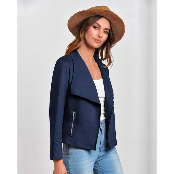 BTFBM Womens Fashion Faux Suede Jackets 2024 Spring Summer Clothes Lapel Long Sleeve Open Front Outerwear Cropped CoatsSolid Navy