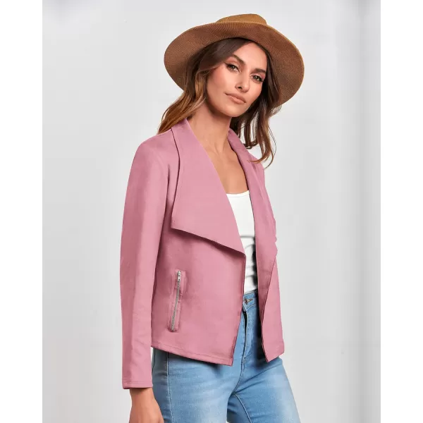 BTFBM Womens Fashion Faux Suede Jackets 2024 Spring Summer Clothes Lapel Long Sleeve Open Front Outerwear Cropped CoatsSolid Pink