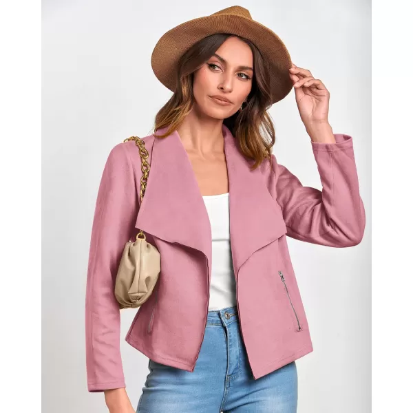 BTFBM Womens Fashion Faux Suede Jackets 2024 Spring Summer Clothes Lapel Long Sleeve Open Front Outerwear Cropped CoatsSolid Pink