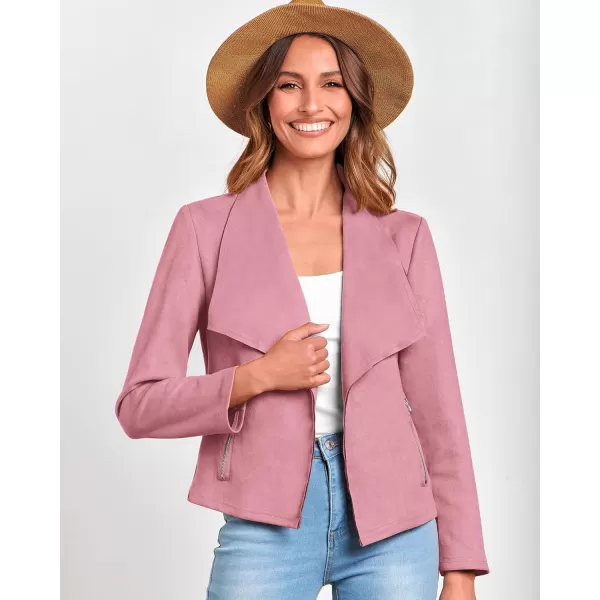 BTFBM Womens Fashion Faux Suede Jackets 2024 Spring Summer Clothes Lapel Long Sleeve Open Front Outerwear Cropped CoatsSolid Pink