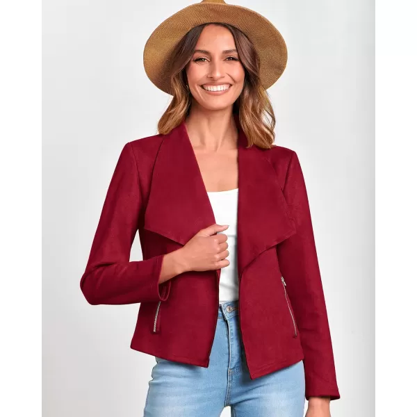 BTFBM Womens Fashion Faux Suede Jackets 2024 Spring Summer Clothes Lapel Long Sleeve Open Front Outerwear Cropped CoatsSolid Red