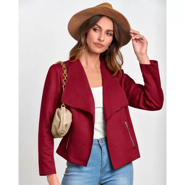 BTFBM Womens Fashion Faux Suede Jackets 2024 Spring Summer Clothes Lapel Long Sleeve Open Front Outerwear Cropped CoatsSolid Red