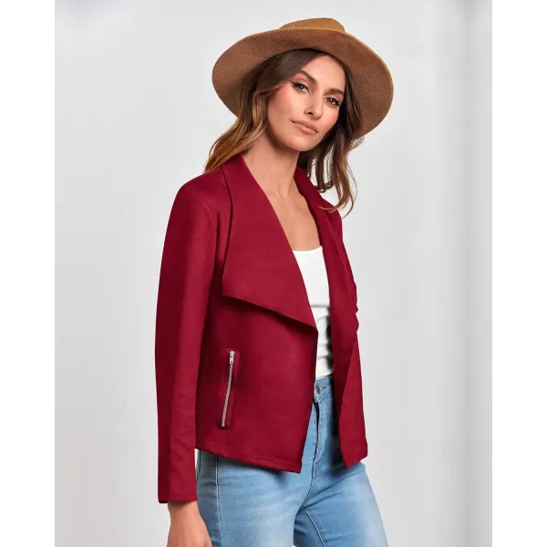 BTFBM Womens Fashion Faux Suede Jackets 2024 Spring Summer Clothes Lapel Long Sleeve Open Front Outerwear Cropped CoatsSolid Red