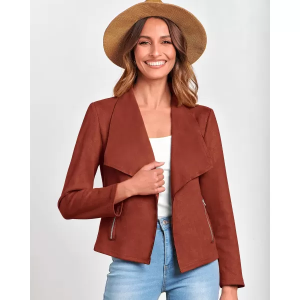 BTFBM Womens Fashion Faux Suede Jackets 2024 Spring Summer Clothes Lapel Long Sleeve Open Front Outerwear Cropped CoatsSolid Rust Red