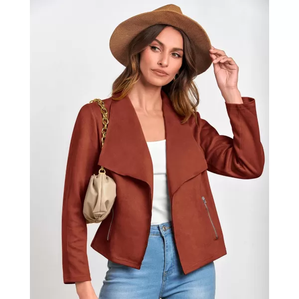 BTFBM Womens Fashion Faux Suede Jackets 2024 Spring Summer Clothes Lapel Long Sleeve Open Front Outerwear Cropped CoatsSolid Rust Red