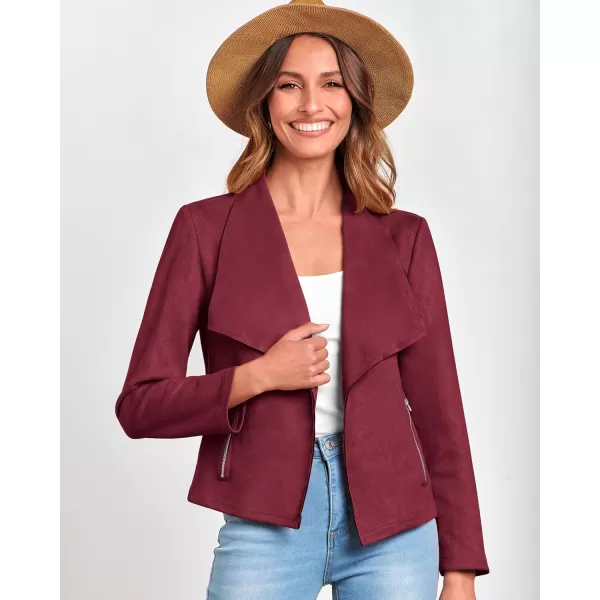BTFBM Womens Fashion Faux Suede Jackets 2024 Spring Summer Clothes Lapel Long Sleeve Open Front Outerwear Cropped CoatsSolid Wine Red