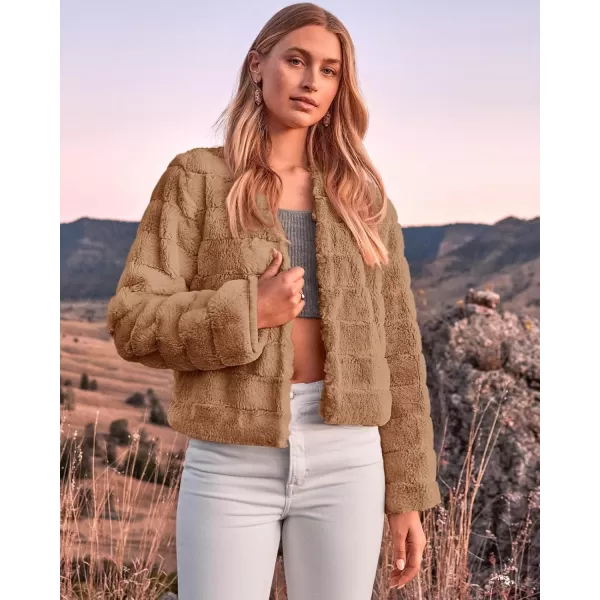 BTFBM Womens Faux Fur Cropped Jacket 2024 Fall Winter Fashion Soft Long Sleeve Open Front Fluffy Short Coat OuterwearSolid Brown