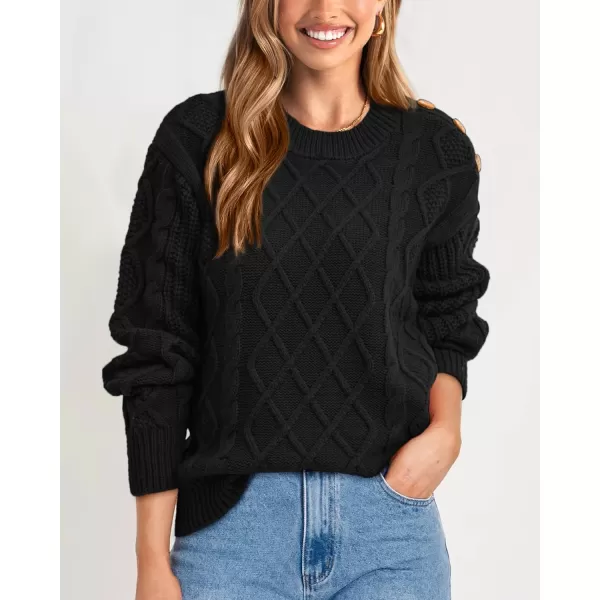 BTFBM Womens Long Sleeve Cable Sweater Crew Neck Button Shoulder Oversized Casual Fall Winter Knit Pullover Jumper TopsSolid Black
