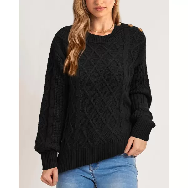 BTFBM Womens Long Sleeve Cable Sweater Crew Neck Button Shoulder Oversized Casual Fall Winter Knit Pullover Jumper TopsSolid Black