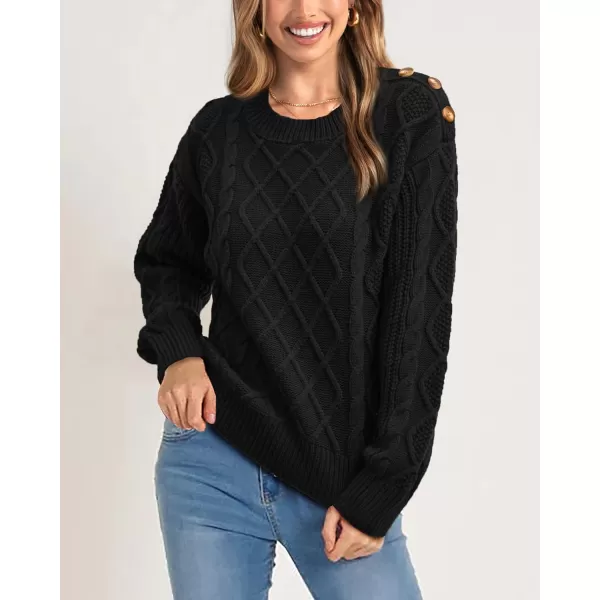 BTFBM Womens Long Sleeve Cable Sweater Crew Neck Button Shoulder Oversized Casual Fall Winter Knit Pullover Jumper TopsSolid Black