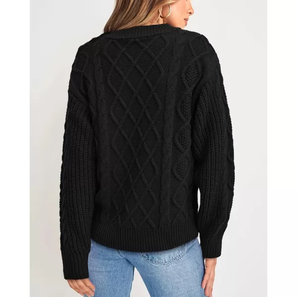 BTFBM Womens Long Sleeve Cable Sweater Crew Neck Button Shoulder Oversized Casual Fall Winter Knit Pullover Jumper TopsSolid Black